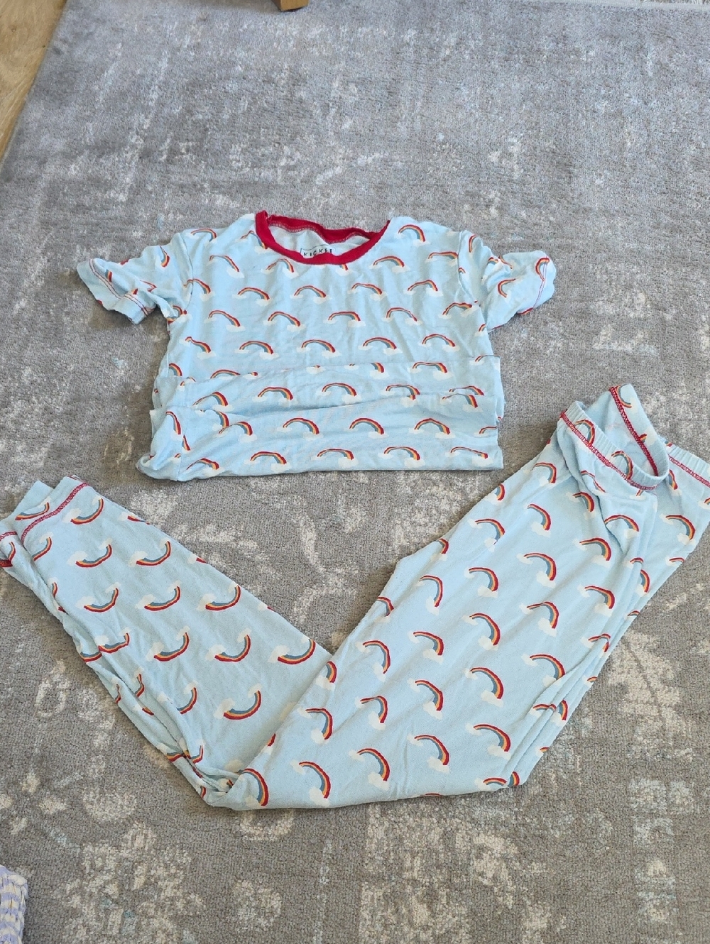 Kickee Pants Kids Light Blue Rainbow Pajama Set with Red Trim Size 12